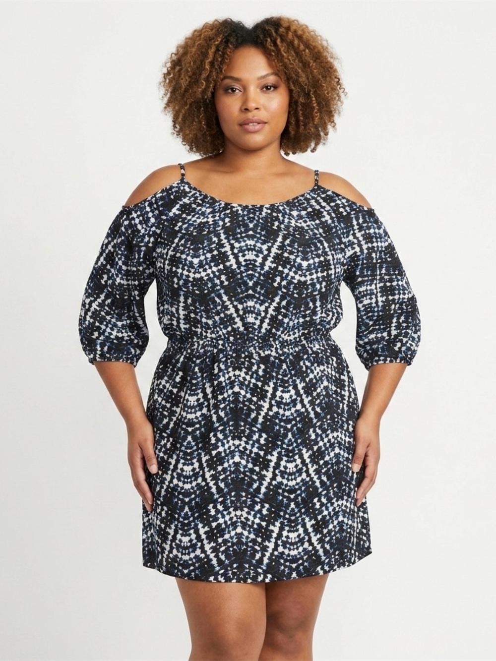 Cato Navy and White Cold-Shoulder Printed Dress